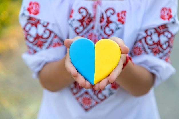 Un niño sostiene un corazón de la bandera ucraniana Enfoque selectivo