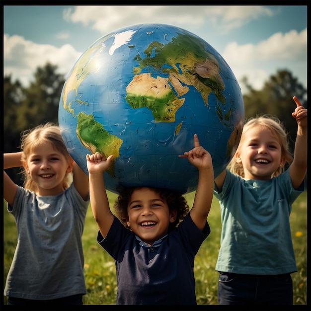 un niño sostiene un globo con el mundo en él