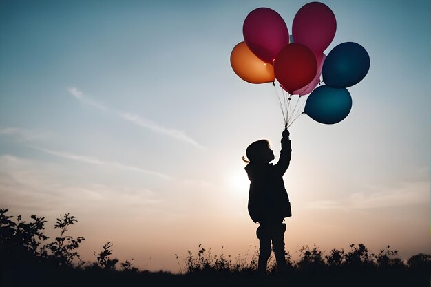 un niño sostiene globos de colores en el cielo.