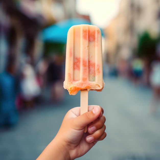 Foto un niño sostiene un helado en un palo de primer plano frutado bocadillo refrescante de verano