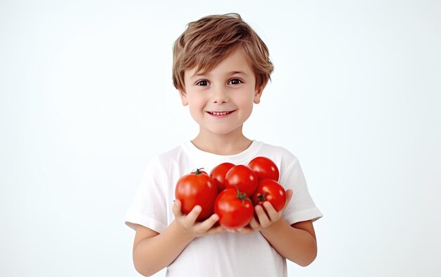 Foto niño sostiene con orgullo tomates maduros y jugosos aislados sobre un fondo transparente png