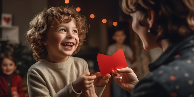 Un niño sostiene un papel rojo que dice "feliz cumpleaños"