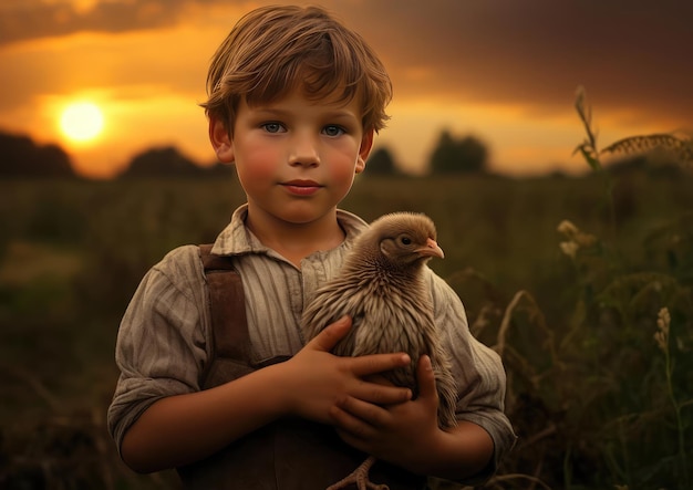 Un niño sostiene un pollo en sus manos.