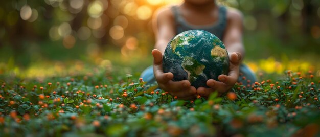 Un niño sostiene un prado verde de la tierra