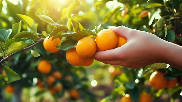 Un niño sostiene un racimo de naranjas en un huerto.