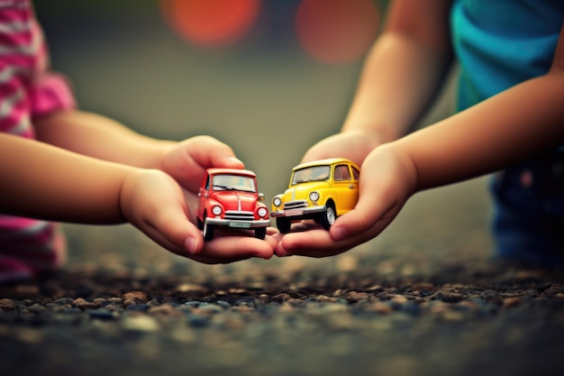 Foto un niño sostiene en sus manos una variedad de coches de juguete que representan la alegría de coleccionar y el mundo imaginativo del juego infantil.