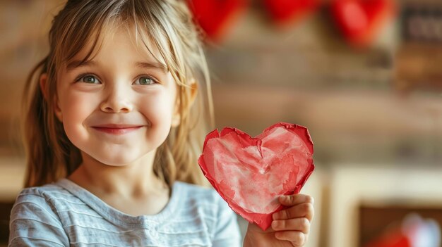 Niño sostiene una tarjeta de San Valentín casera en forma de corazón