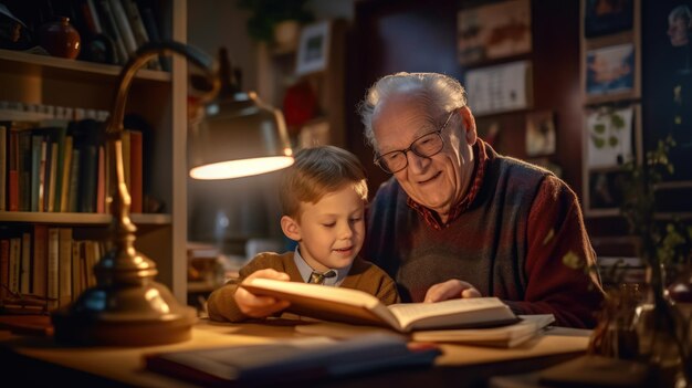 Niño con su abuelo leyendo un libro