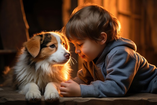 Un niño y su amigo peludo Un niño alegre disfruta de las travesuras juguetonas de su amigo peludo