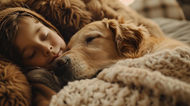 Un niño y su golden retriever durmiendo en un cálido y acogedor abrazo que irradia amor y felicidad