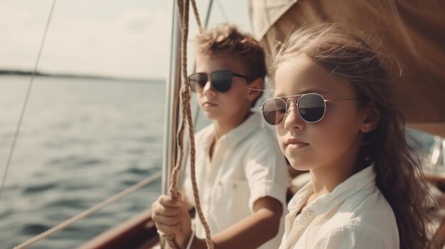 Niño con su hermana a bordo de un velero en un crucero de verano