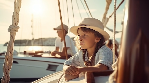 Niño con su hermana a bordo de un velero en un crucero de verano