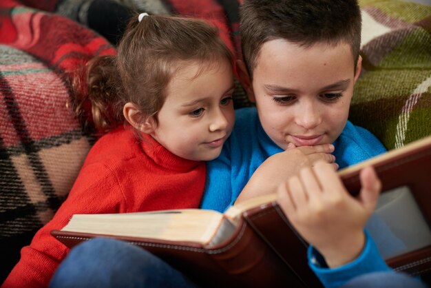 Un niño con su hermana pequeña disfrutando de un tiempo juntos mientras miran un álbum familiar