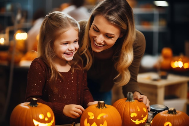 un niño y su madre tallando calabazas para Halloween IA generativa