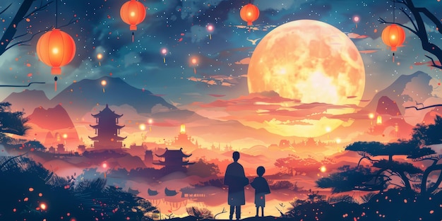 Un niño y su padre están de pie en una colina y miran la luna llena
