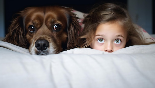 Un niño y su perro asomándose desde la cama