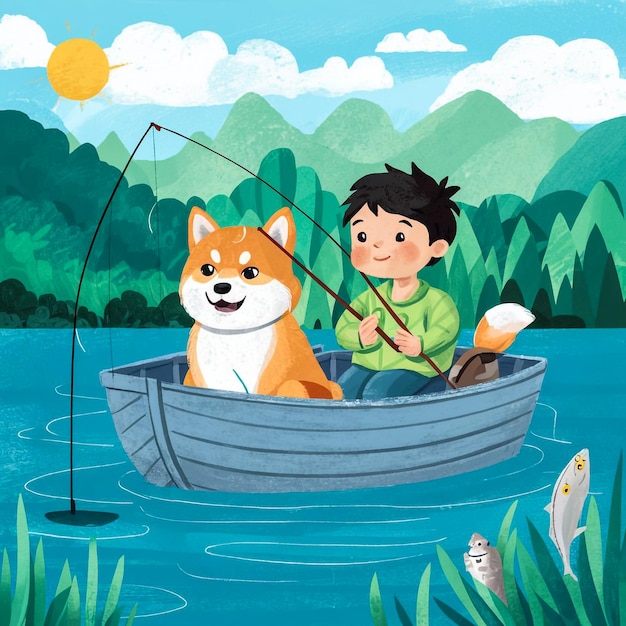 un niño y su perro están en un barco con un pez