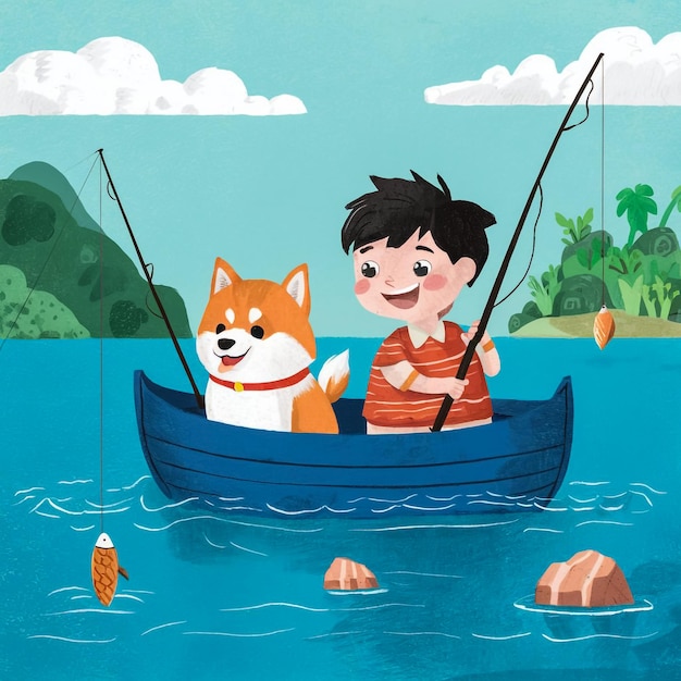 un niño y su perro están en un barco con un pez