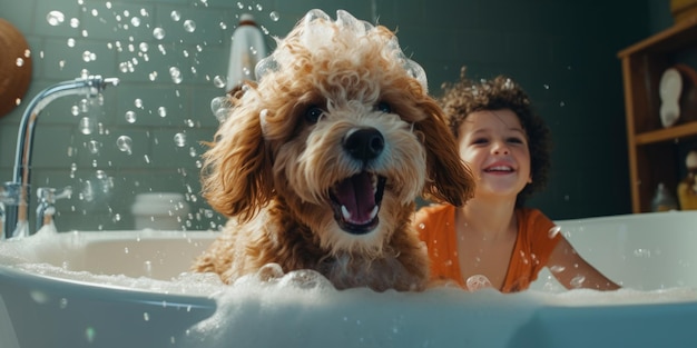 Un niño y su perro jugando en el baño