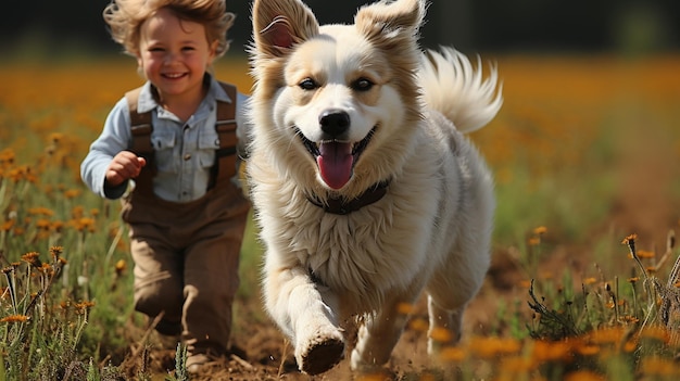 Niño y su perro jugando en el campo de flores amarillas
