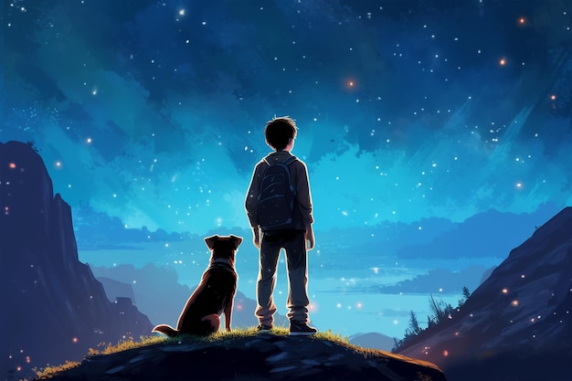 Un niño y su perro mirando las estrellas