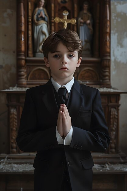 Niño en su primera comunión en la iglesia