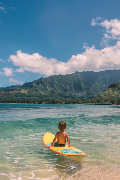 Un niño con su tabla de surf en Hawai