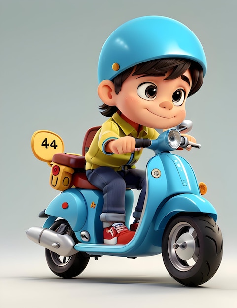 Niño sube al scooter con estilo de dibujos animados 3D