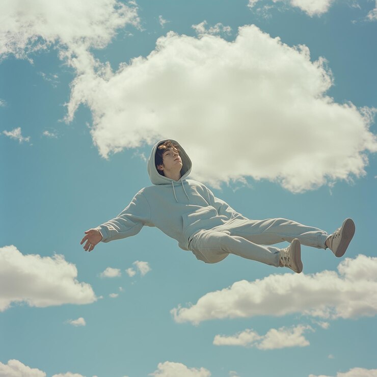un niño con una sudadera blanca con capucha está volando por el cielo