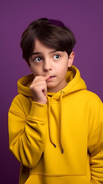 Un niño con una sudadera con capucha amarilla.