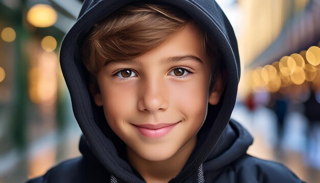 Foto un niño con una sudadera con una sonrisa en la cara