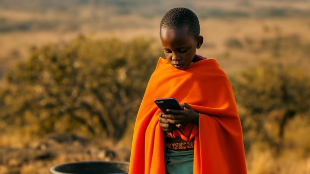 Niño sudafricano con gorra naranja sonriendo en el teléfono serio