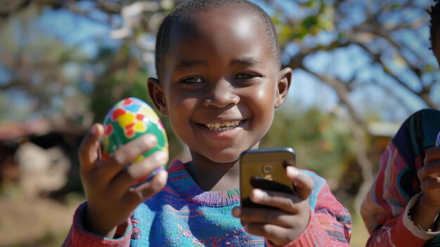 Niño sudafricano sonriendo con teléfono y huevo de Pascua en las manos