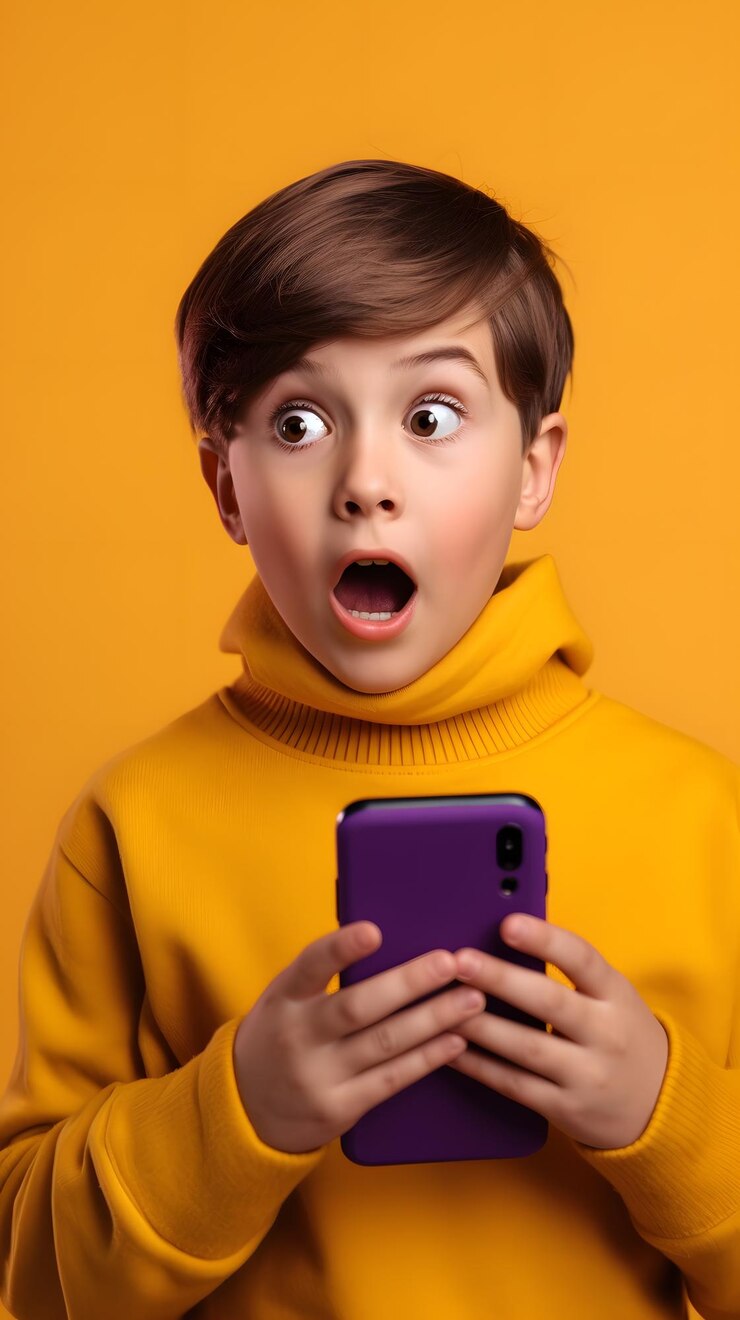 Un niño con un suéter amarillo sostiene un teléfono morado con una mirada de sorpresa en su rostro.