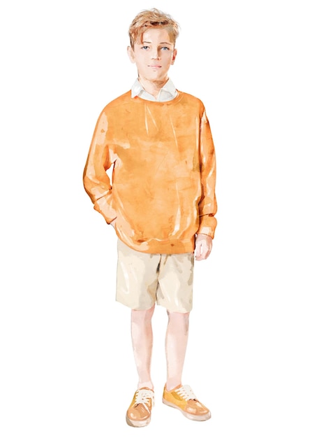 Niño con suéter png niño acuarela ilustración cuerpo entero sobre fondo transparente