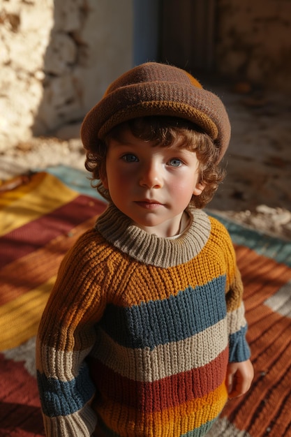 Foto un niño con un suéter a rayas de colores y un sombrero