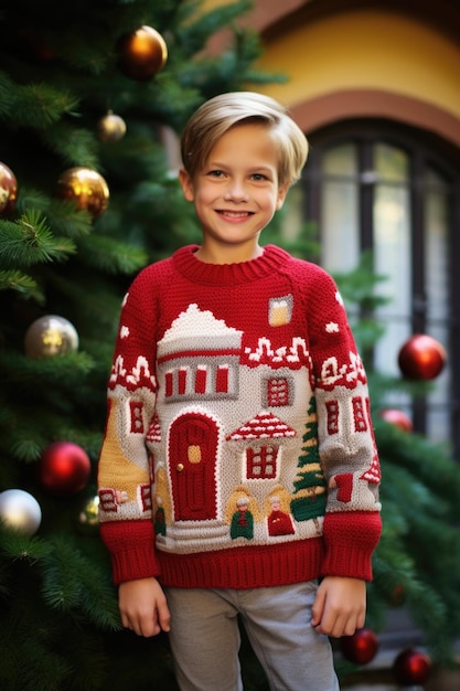 Un niño con un suéter rojo parado frente a un árbol de navidad ai