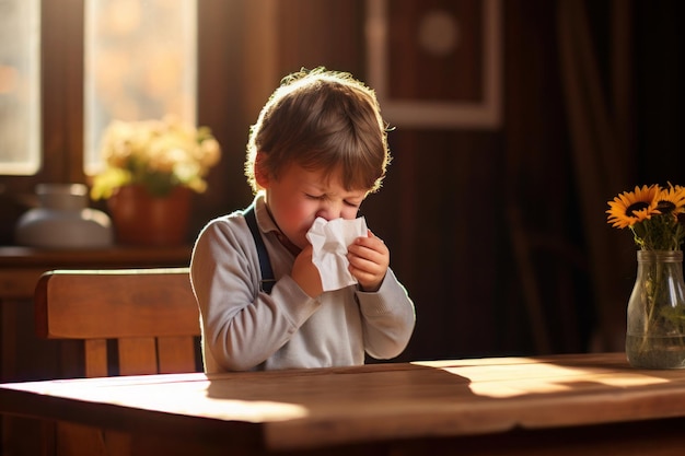 Un niño sufre de alergia al polvo.