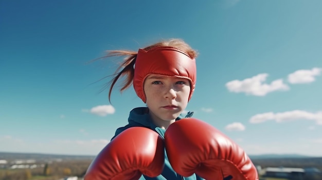 Niño superhéroe con guantes de boxeo sobre un fondo de cielo azul Concepto de poder femenino y feminismo IA generativa