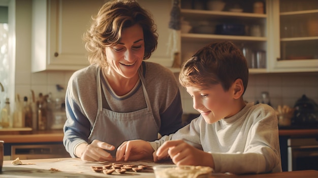 Niño de Sweet Moments horneando galletas con mamá para crear vínculos familiares