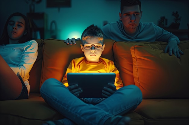 Foto niño con tableta y teléfono móvil en la casa por la noche junto a sus padres