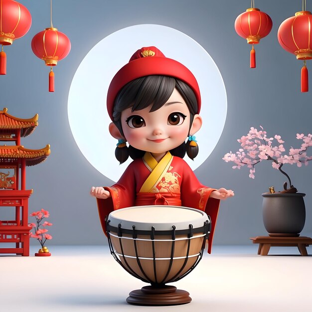 Foto niño con tambor en el año nuevo chino niño tocando el tambor del año nuevo lunar niño lindo con festivo cny perc
