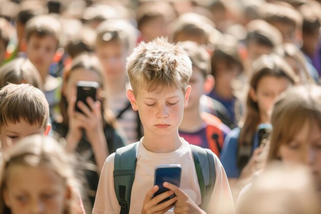 Foto niño con un teléfono inteligente y de pie en una multitud de niños que miran teléfonos móviles concepto de adicción a los aparatos