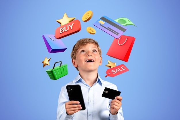 Niño con teléfono inteligente y tarjeta de crédito compras en línea y pago digital