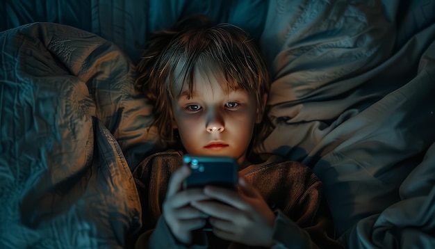 Foto un niño está tendido en la cama con un teléfono celular en la mano