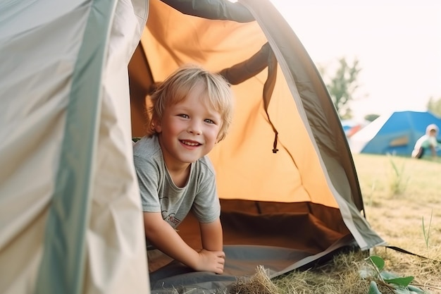 Un niño en una tienda de campaña en un camping.