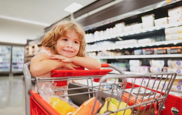 Niño en la tienda de comestibles o en el supermercado con productos en el carrito de la compra