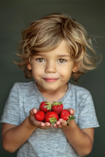 El niño tiene fresas maduras en las manos.