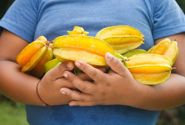 Foto un niño tiene muchas manzanas estrella en sus manos.