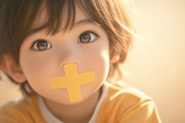 Un niño tiene un yeso que le cubre la boca en forma de cruz y le está prohibido hablar